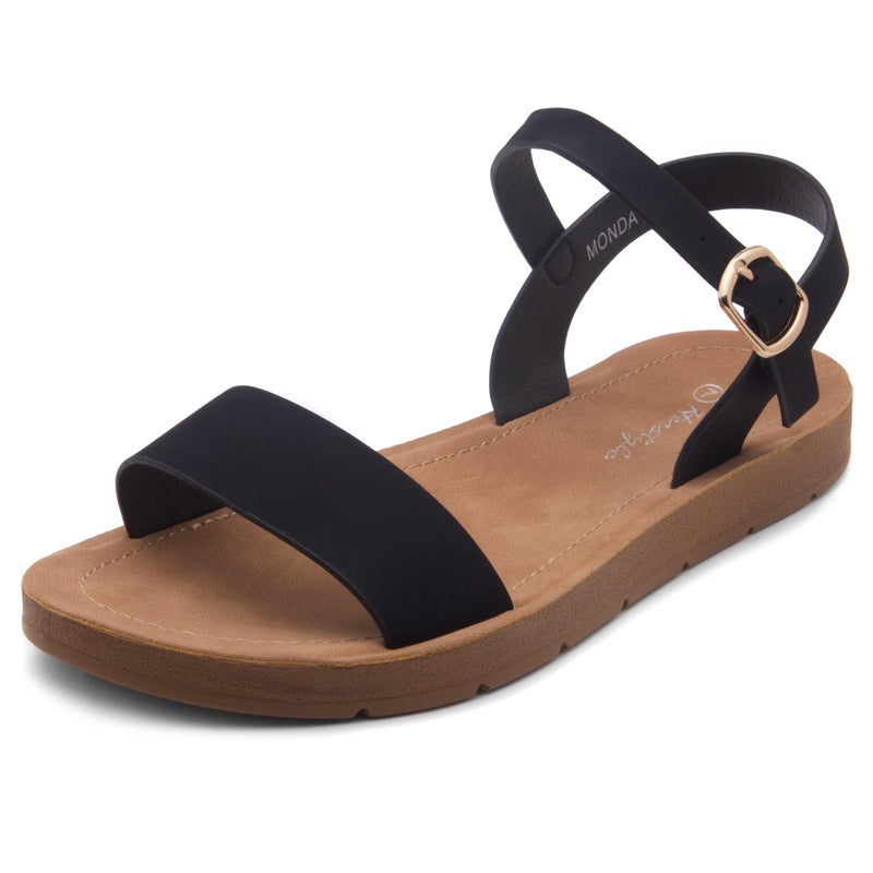 Herstyle Flat Sandals for Women â€“ Open Toe One Band Ankle Strap Summer Dressy Sandals, Lightweight Casual Strappy Slip-On Flats with Adjustable Buckle, Black, Size 10.0, Monday - Image 1